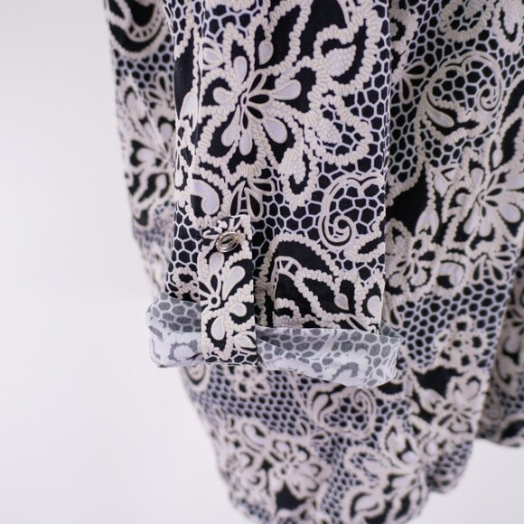 Emma & Olive XL Gray Black Embroidered Top Roll Tab Jacquard V-Neck‎ Blouse Top - Picture 7 of 10